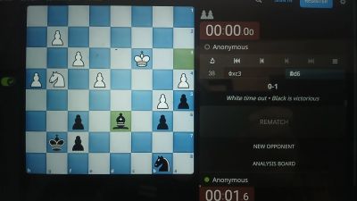 Chess game ended with Black winning on time.