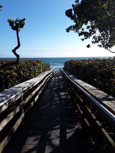 Wooden boardwalk leading to the ocean on a sunny day.
