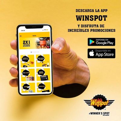 Baja la aplicación Winspot para disfrutar de promociones. Disponible en Google play y App Store. 