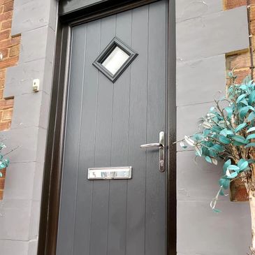 Anthracite Grey Solid Core composite door with black frame fitted by Worksop Composite Doors.