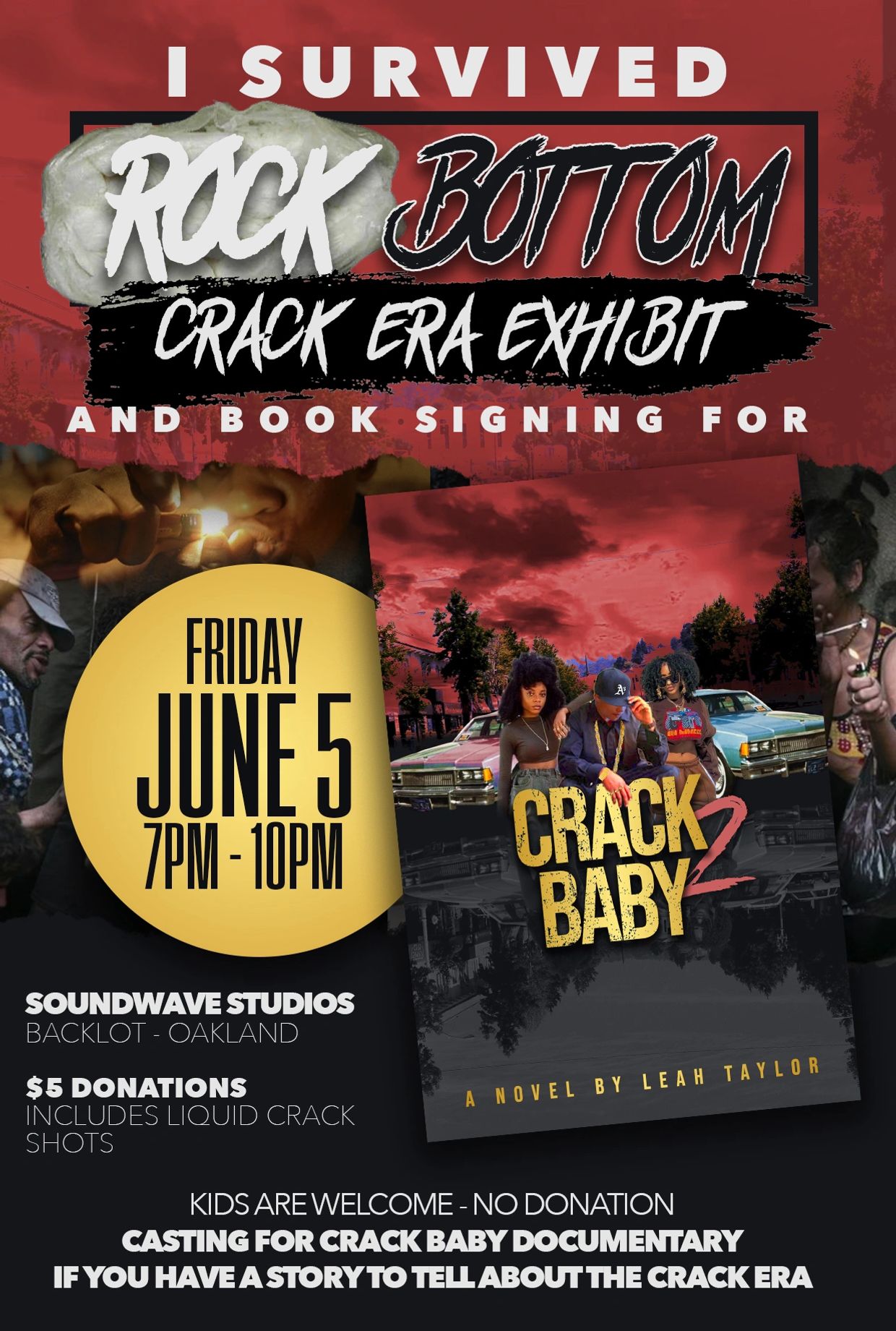 Event poster for Rock Bottom Crack Era Exhibit and book signing on June 5.