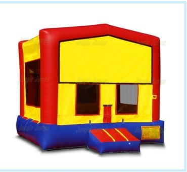 Brightly colored inflatable bounce house with red, yellow, and blue sections.