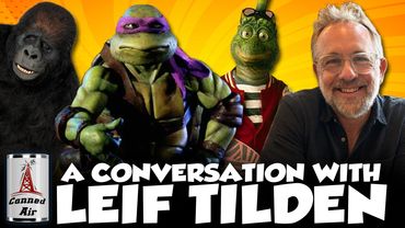 Leif Tilden with animated characters from Teenage Mutant Ninja Turtles and other shows.
