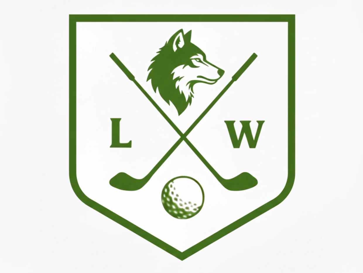 Green golf emblem with a wolf, crossed clubs, and a golf ball.