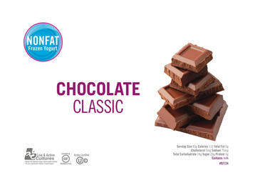 Nonfat frozen yogurt, chocolate classic flavor, with nutritional information and certifications.

