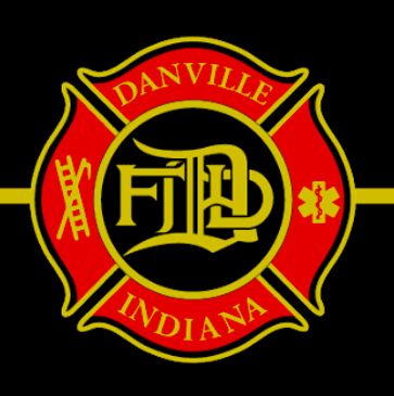 Emblem of Danville, Indiana Fire Department in red and gold.