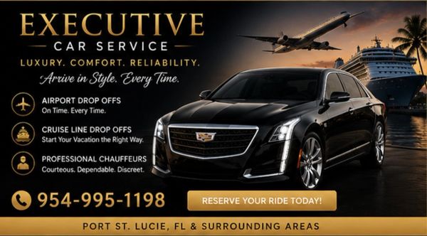 Luxury black Cadillac for executive car service with airport and cruise drop-offs.