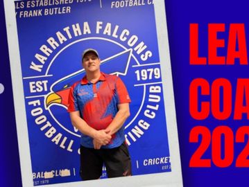Man standing in front of Karratha Falcons Football Club banner.