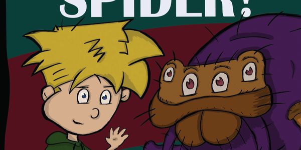 Cartoon boy waving at a large purple spider with multiple eyes.