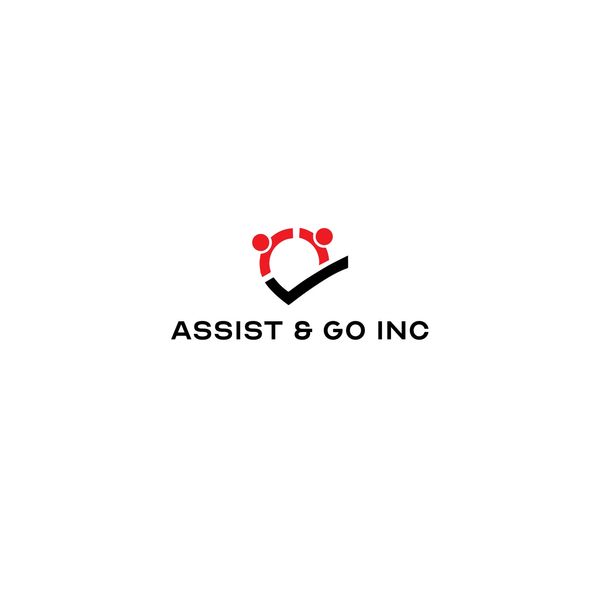 A stylized logo featuring two red figures above a black check mark.