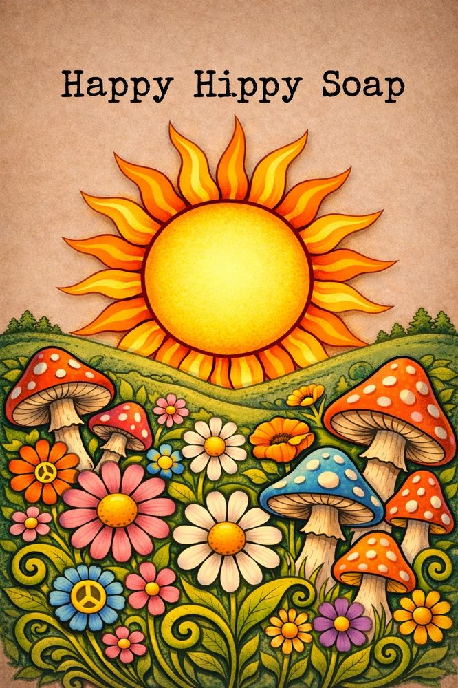 Colorful psychedelic illustration with mushrooms, flowers, and a bright sun.
