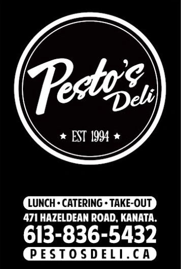 Pesto's Deli circular badge logo, white script text reading "Pesto's Deli, Est 1994" on black, with lunch, catering and take-out contact details below