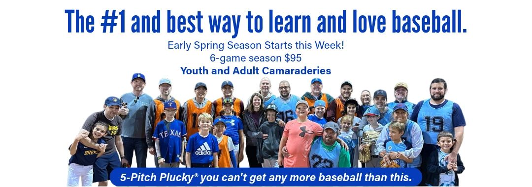 Group of kids and adults posing for the camera after a game of 5-Pitch Plucky and text.