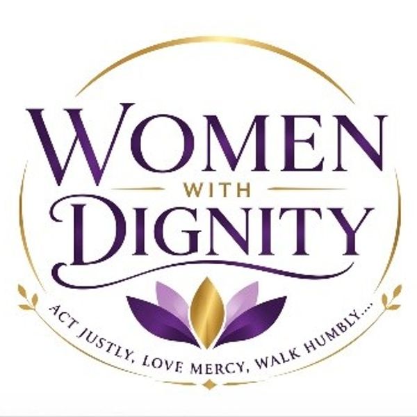 Logo for Women with Dignity featuring a purple and gold lotus.