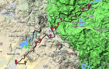 Route of the San Joaquin and Eastern Railroad with stops along the way, from El Prado to Big Creek