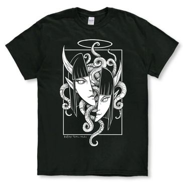 Black T-shirt featuring a monochrome Medusa-inspired design with two faces and snakes.