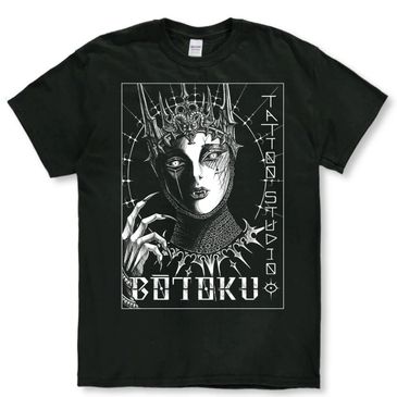 Black t-shirt with gothic queen illustration and tattoo studio text.