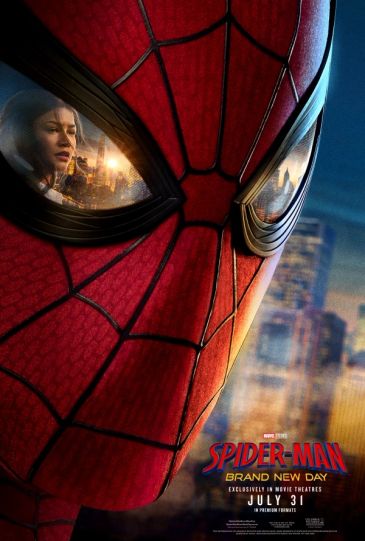 Close-up of Spider-Man's mask with reflections showing two characters.