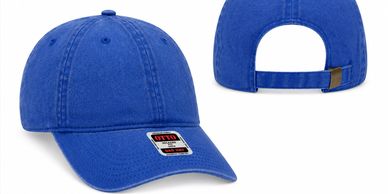 Blue baseball cap shown from front and back with adjustable strap.
