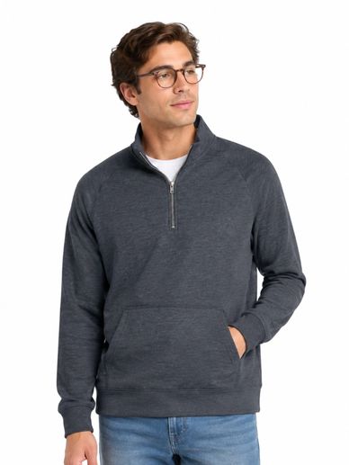 Man wearing a dark gray quarter-zip sweatshirt and glasses.