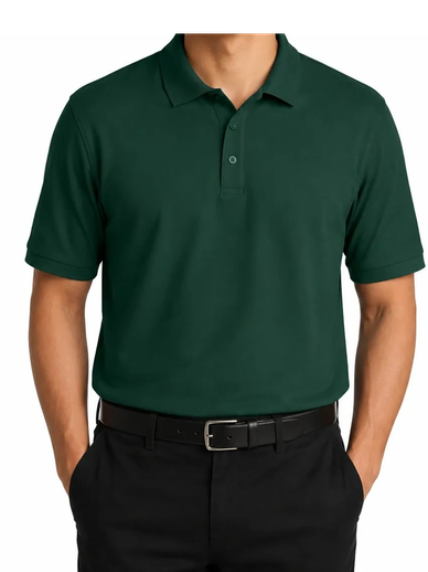 Smiling man wearing a dark green polo shirt with black pants.