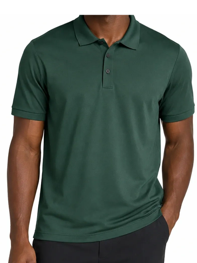 Man wearing a dark green polo shirt with short sleeves.