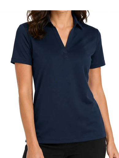 Smiling woman wearing a navy blue short-sleeve polo shirt.