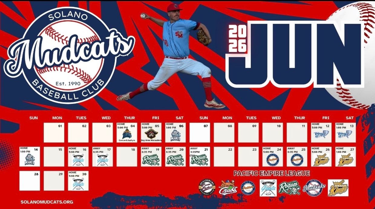 June 2026 Solano Mudcats baseball schedule with team logos and game dates.