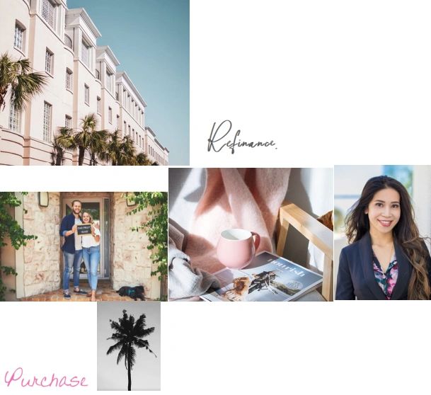 Picture of white house and palm trees, happy clients on their closing day. Loan officer smiling.