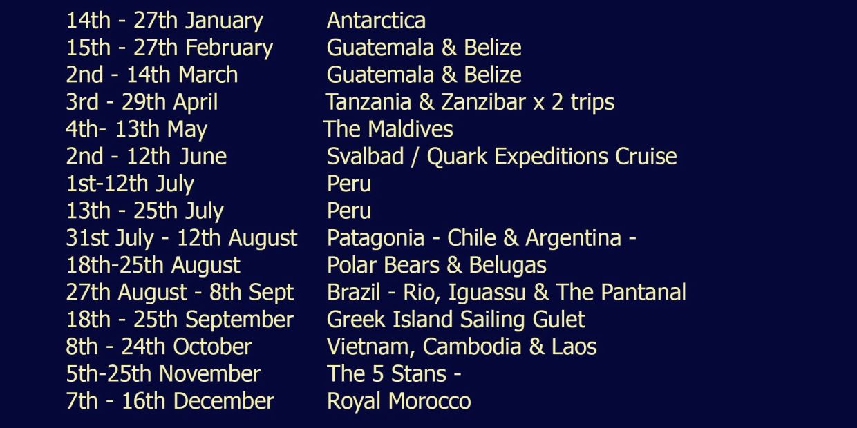 Travel itinerary with dates and destinations for various global trips.