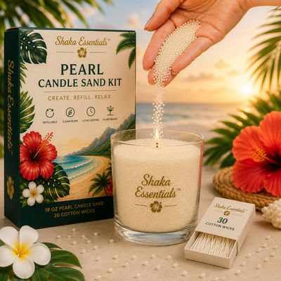 Shaka Essentials pearl candle sand kit with hand adding pearl sand.