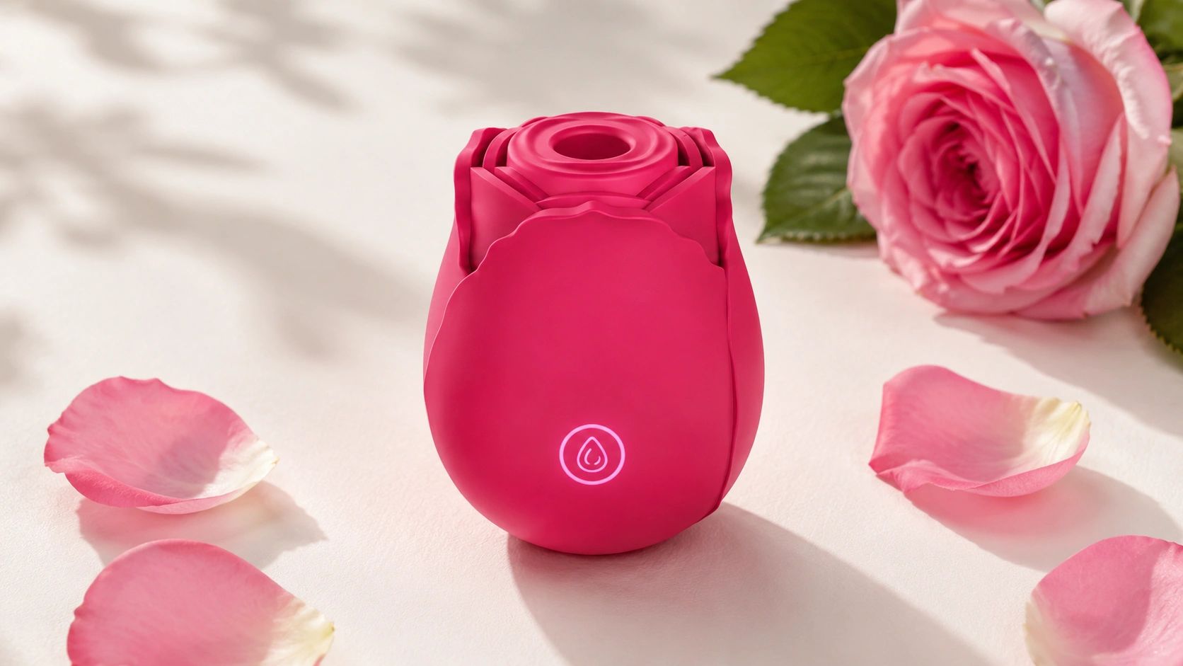 Pink rose-shaped device with petals and a glowing button, surrounded by rose petals.
