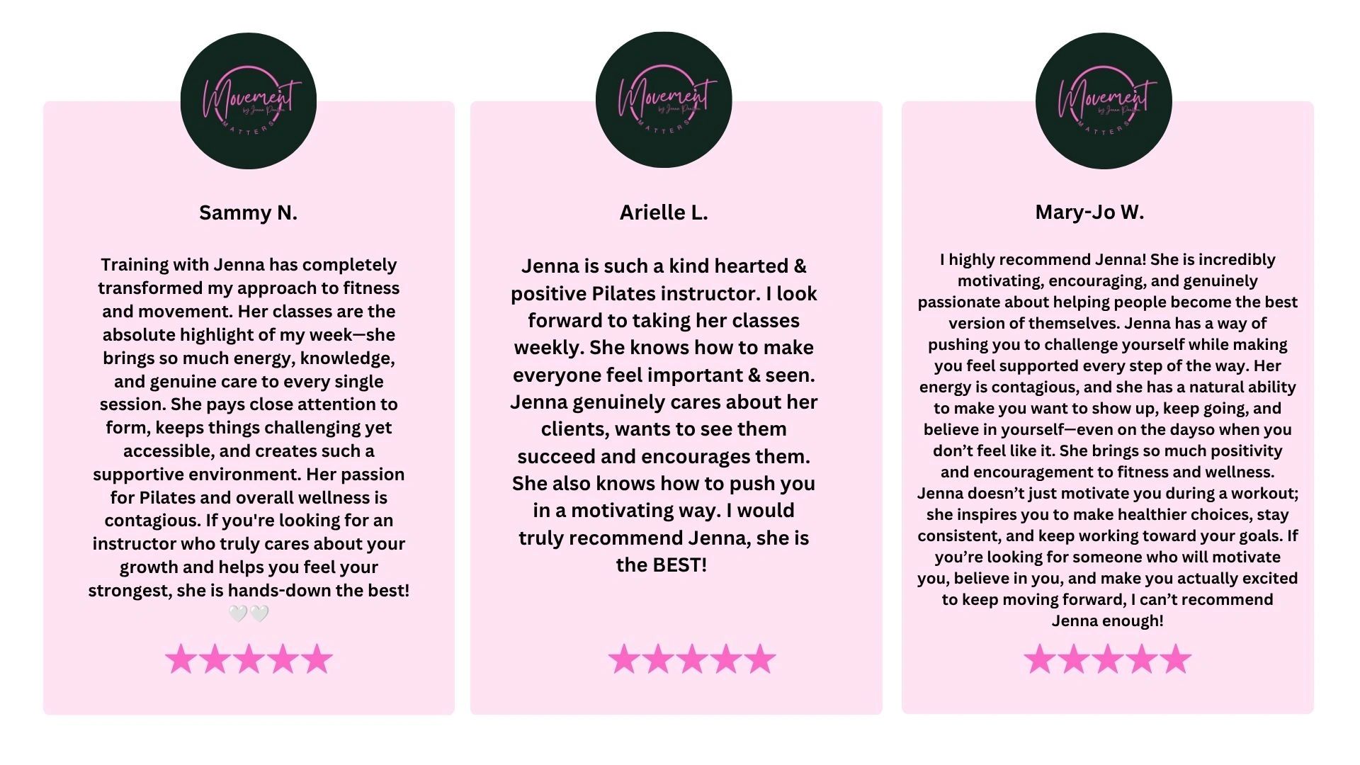 Three positive testimonials praising Jenna's Pilates instruction and motivational approach.