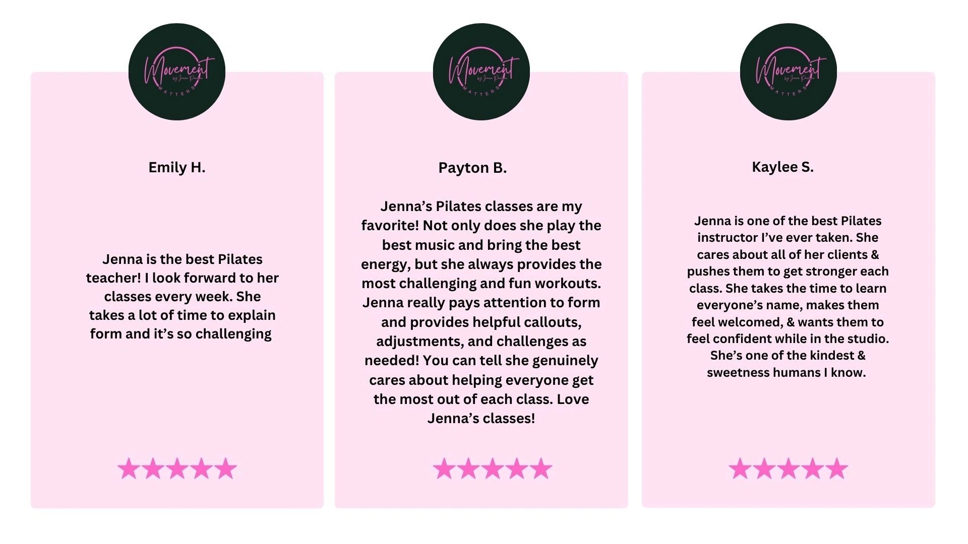 Three glowing reviews praising Jenna's Pilates classes and teaching style.