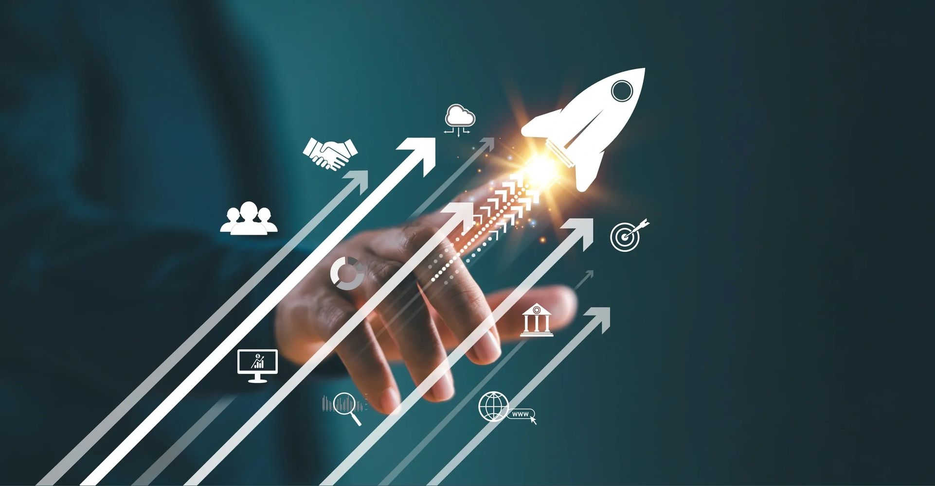 Hand pointing at a rocket symbolizing growth and success with business icons around.