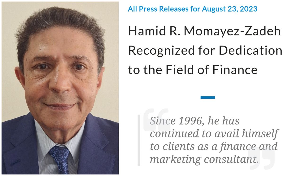 Hamid R. Momayez, Recognized for Dedication to the Field of Finance. August 23, 2023