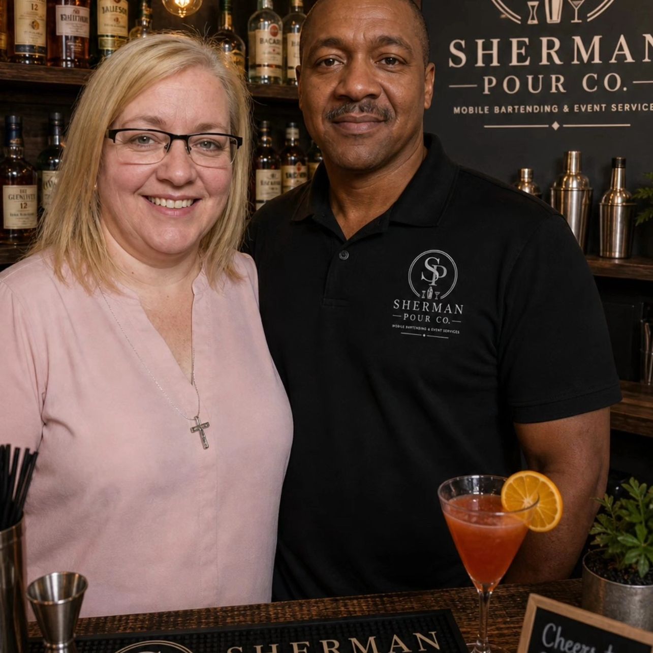 Two bartenders smiling behind a bar with a cocktail and liquor bottles.