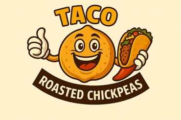 Smiling chickpea mascot holding a taco with thumbs up, promoting roasted chickpeas.