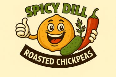 Cartoon chickpea mascot holding a chili and a cucumber with text 'Spicy Dill Roasted Chickpeas'.