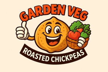 Happy roasted chickpea mascot holding garden vegetables with thumbs up.