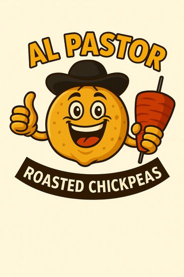 Cheerful chickpea mascot holding al pastor meat, promoting roasted chickpeas.