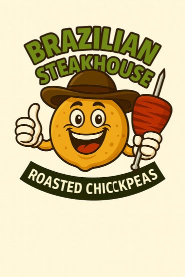Cartoon chickpea mascot promoting Brazilian steakhouse with roasted chickpeas.