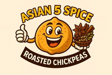 Cheerful roasted chickpea mascot holding spices with 'Asian 5 Spice Roasted Chickpeas' text.