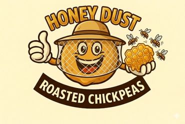 Cartoon lemon beekeeper with honeycomb and bees, promoting honey dust roasted chickpeas.
