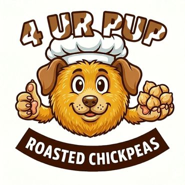 Cartoon dog chef giving thumbs up with roasted chickpeas and text 4 UR PUP ROASTED CHICKPEAS.