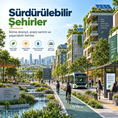 Sürdürülebilir şehirlerde bisiklet ve toplu taşıma kullanımını gösteren yeşil alanlar.