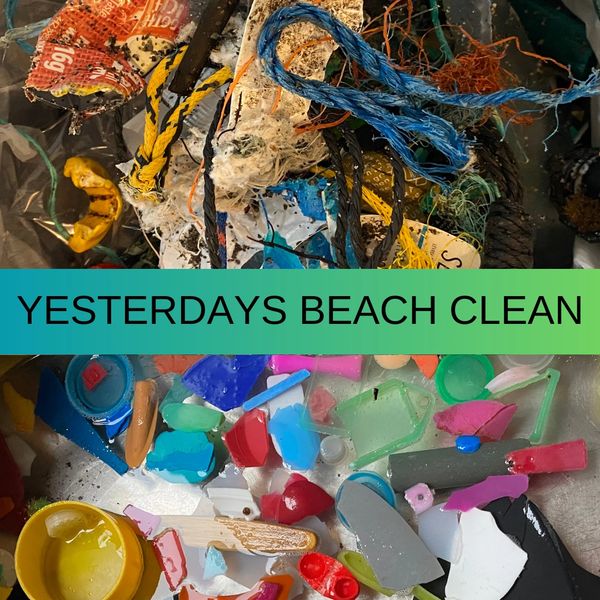 Colourful rubbish and plastic found washed up on the beach with text "yesterdays beach clean"