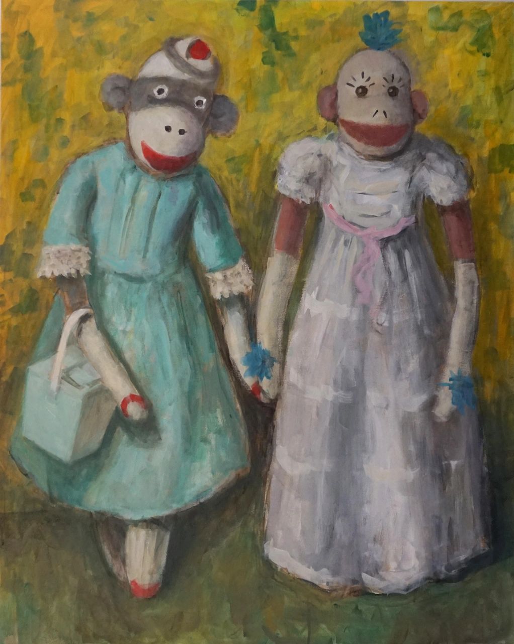 Painting of two sock monkeys holding hands in dresses.