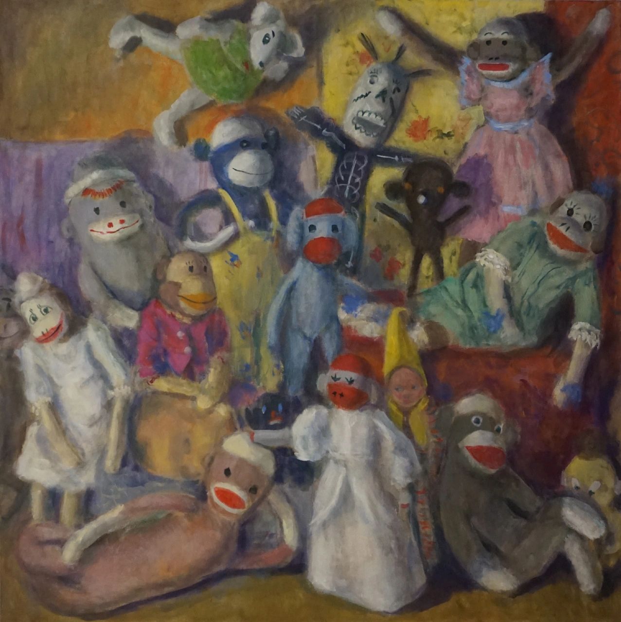 Painting of various colorful stuffed monkeys and dolls.