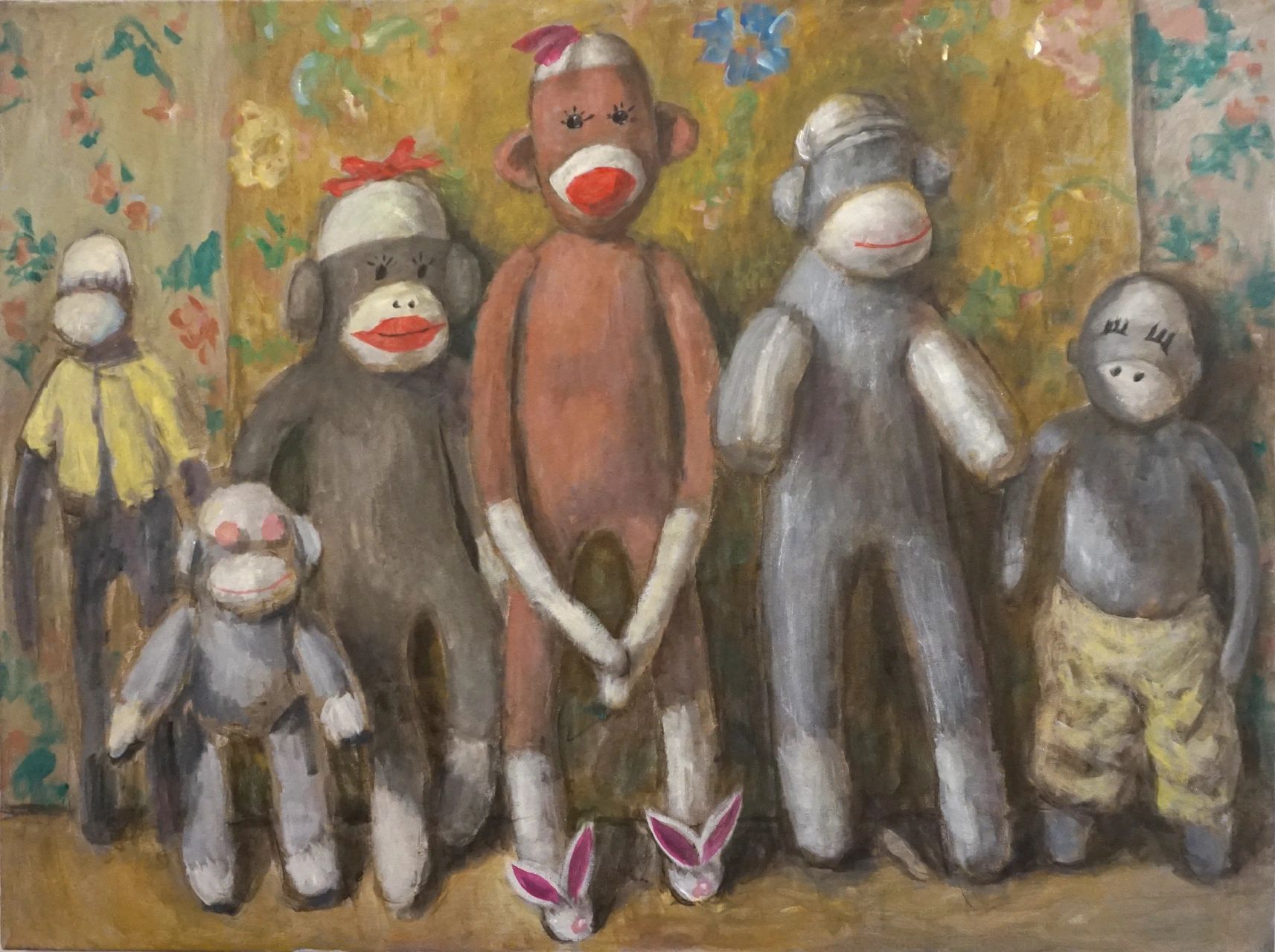 Painting of six sock monkeys standing against a floral background.